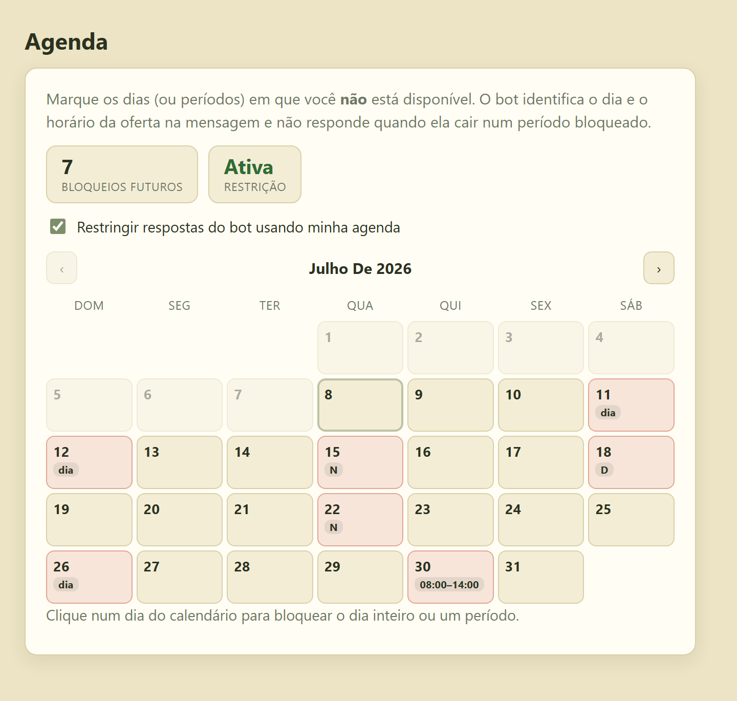 Calendário da Agenda do Docteer com dias e períodos bloqueados (dia inteiro, diurno, noturno e horário personalizado)
