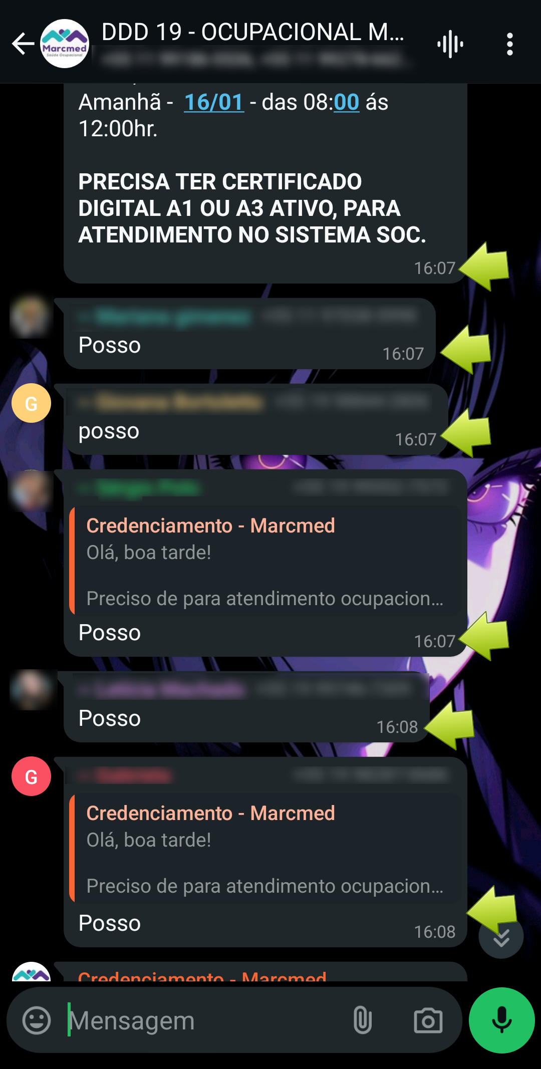 Vaga publicada às 16:07 e seis respostas 'Posso' no mesmo minuto